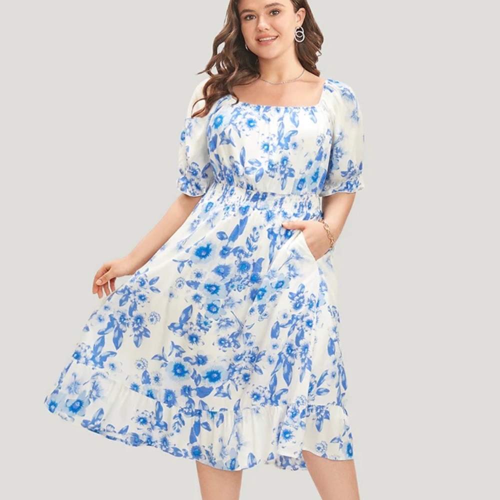 Bloomchic Floral Puff Sleeve Pocket Square Neck Shirred Dress BNWT (#30)